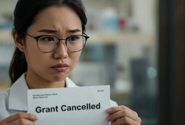 A dissapointed looking researcher holding a a letter confirming their grant being cancelled