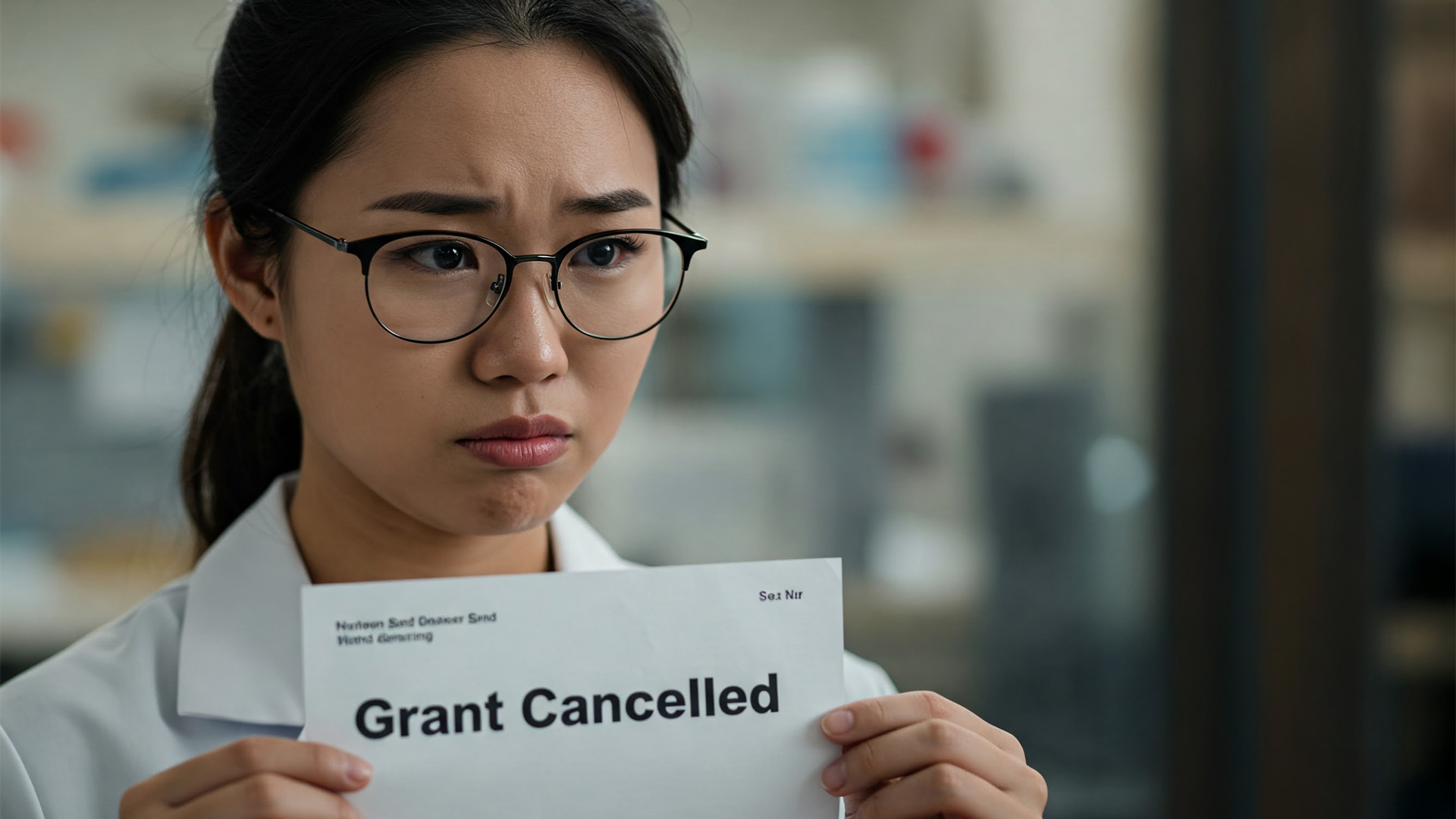A dissapointed looking researcher holding a a letter confirming their grant being cancelled